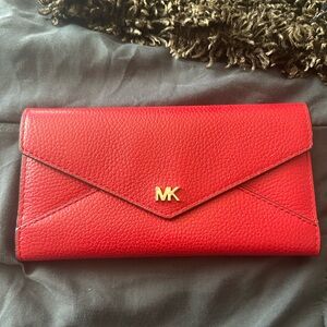 Michael Kors Red Pebbled Envelope Wallet with Gold MK Accent